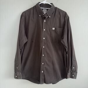 Cinch Men’s Long Sleeve Brown Button Up Shirt Size S Cotton Embroidered DAMAGED!